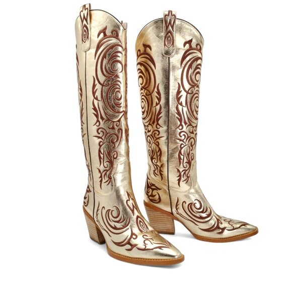Texas Gold Women's Size 7 Gold Embroidered Knee High Block Heel Western Boots - Picture 2 of 16